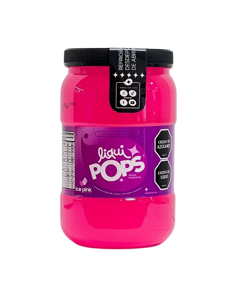 Tarro LiquiPops Pink Ice 1150g — perlas explosivas en almíbar, fondo blanco